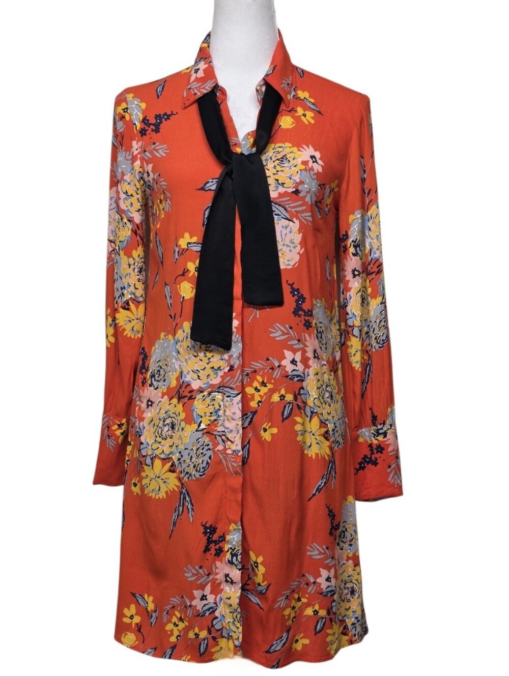 Zara Orange Floral Midi Shirt Dress with Black Tie